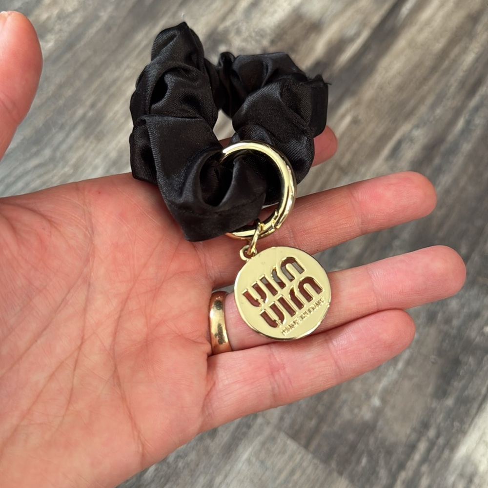Black Satin Scrunchie Keyring with Gold Charm similar to miu miu